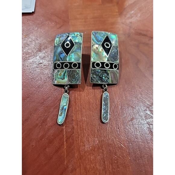 Vintage Silver Alpaca Mexico Dangle Earrings Abalone Inlay Rectangle - Picture 10 of 11